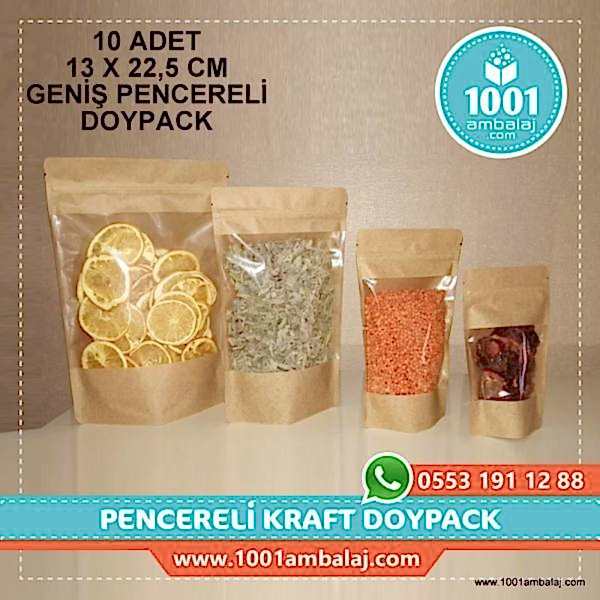 13X22,5 Cm Kraft Geniş Pencereli * 10 Adet * Kilitli Doypack Torba 250 Gr /45/