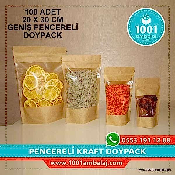 20X30 Cm Kraft Geniş Pencereli 100 Adet Kilitli Doypack Torba 1000 Gr /47/