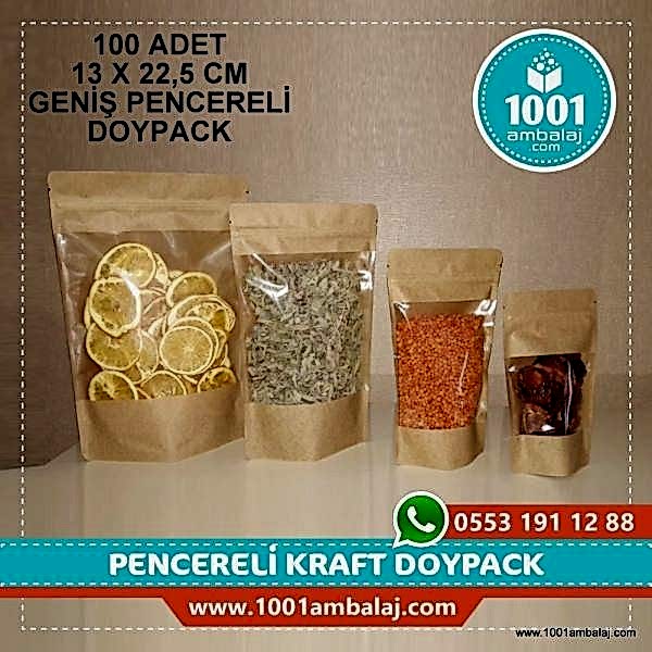 13X22,5 Cm Kraft Geniş Pencereli 100 Adet Kilitli Doypack Torba 250 Gr /45/