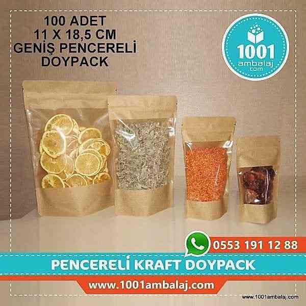 11X18,5 Cm Kraft Geniş Pencereli 100 Adet Kilitli Doypack Torba 100 Gr /44/