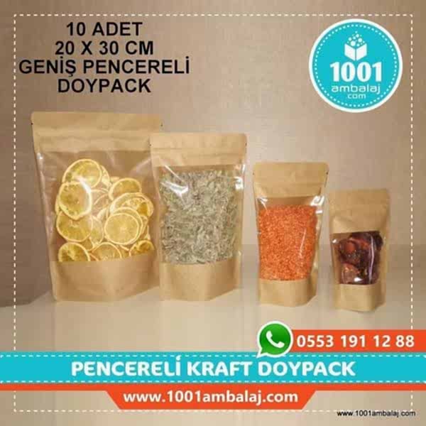20X30 Cm Kraft Geniş Pencereli * 10 Adet * Kilitli Doypack Torba 1000 Gr /47/