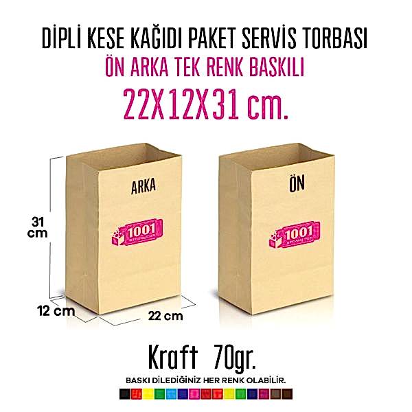 İki Taraf Tek Renk Baskılı 22X12X31 Cm Kese Kağıdı Fast Food Menu Servis Paket Torbası Kraft Renk