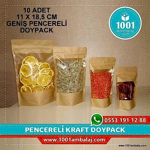 11X18,5 Cm Kraft Geniş Pencereli * 10 Adet * Kilitli Doypack Torba 100 Gr /44/