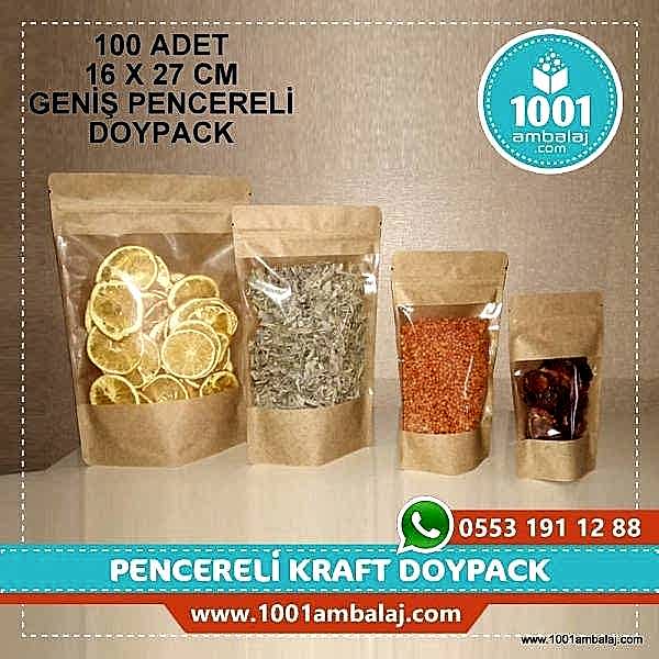 16X27 Cm Kraft Geniş Pencereli 100 Adet Kilitli Doypack Torba 500 Gr /46/