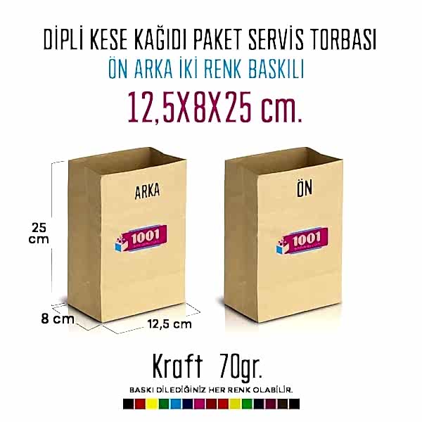 İki Taraf İki Renk Baskılı 12,5X8X25 Cm Kese Kağıdı Fast Food Menu Servis Paket Torbası Kraft Renk