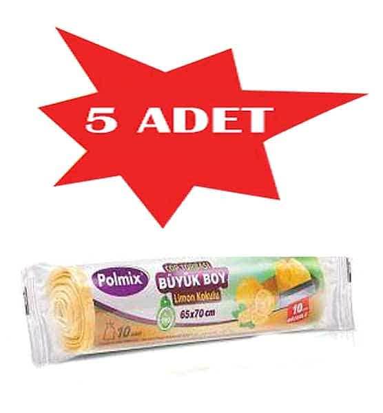 Çöp Torbası Polmix Büzgülü Büyük 65X70 Limon Kokulu 5 Paket