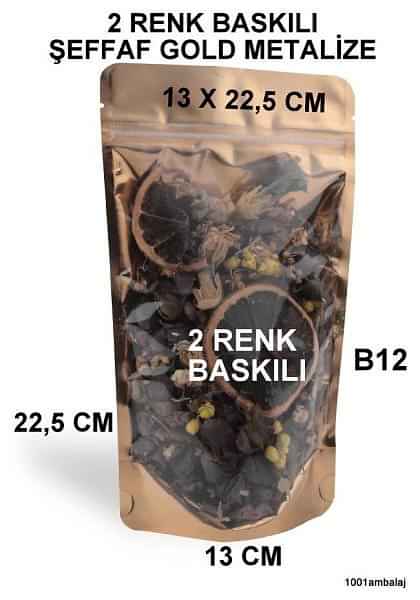 13X22,5 Cm 2 Baskılı Ön Şeffaf Arka Gold Metalize Renk Tek Taraf İki Renk Doypack Torba 250 Gr /50/