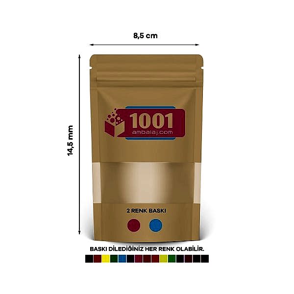 8,5X14,5 Cm 2 Baskılı Kraft Renkli Pencereli Tek Taraf İki Renk Doypack Torba 50 Gr /37/