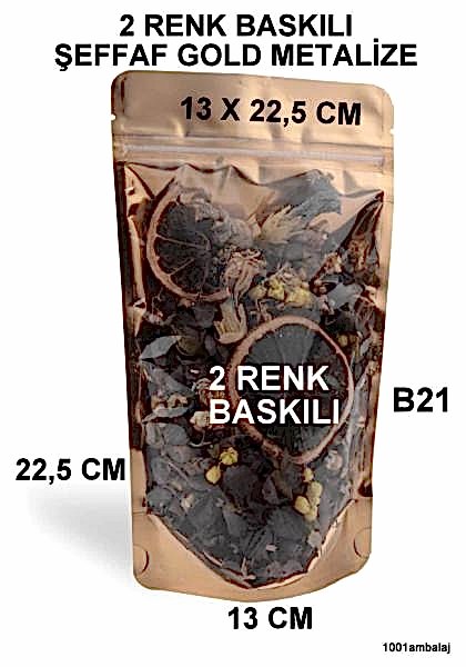 13X22,5 Cm 2 Baskılı Ön Şeffaf Arka Gold Metalize Renk İki Taraf Tek Renk Doypack Torba 250 Gr /50/