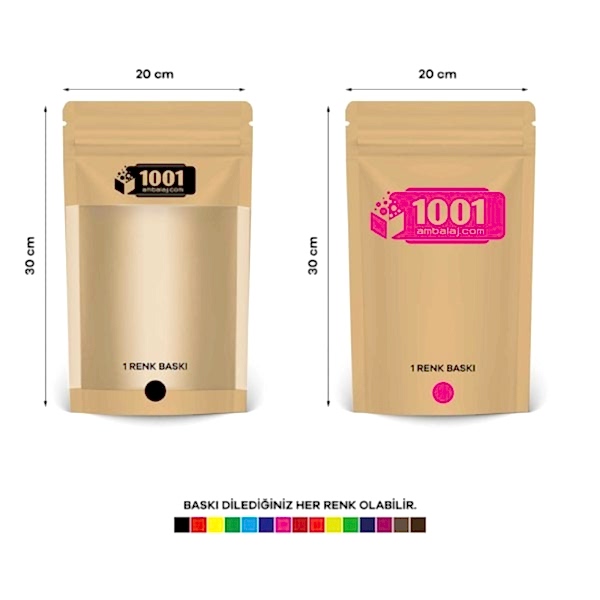 20X30 Cm 2 Baskılı Kraft Renkli Geniş Pencereli İki Taraf Tek Renk Doypack Torba 1000 Gr /47/