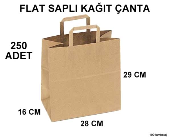 Kraft kağıt Çanta 28X16X29 Cm Dişi Kraft Renk Flat Sapli 80 Gram (1 Koli 250 Adet)
