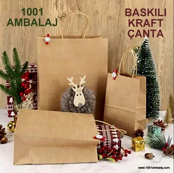 4 Renk Baskılı 19X8X24 Cm 100 Gr Kraft kağıt Çanta Kahve Renk