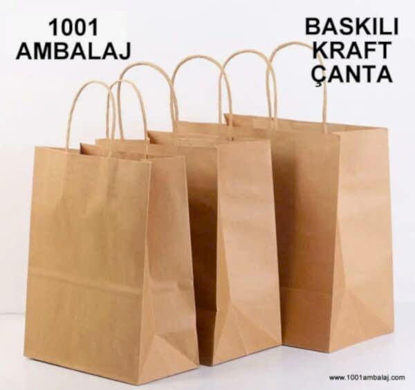 4 Renk Baskılı 19X8X24 Cm 100 Gr Kraft kağıt Çanta Kahve Renk