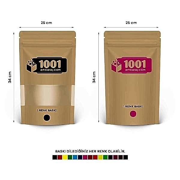 25X34 Cm 2 Baskılı Kraft Renkli Pencereli İki Taraf Tek Renk Doypack Torba 1500 Gr /43/