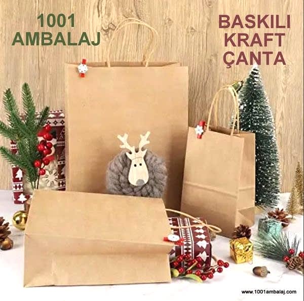 2 Renk Baskılı 19X8X24 Cm 100 Gr Kraft kağıt Çanta Kahve Renk
