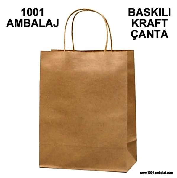 1 Renk Baskılı 19X8X24 Cm 100 Gr Kraft kağıt Çanta Kahve Renk