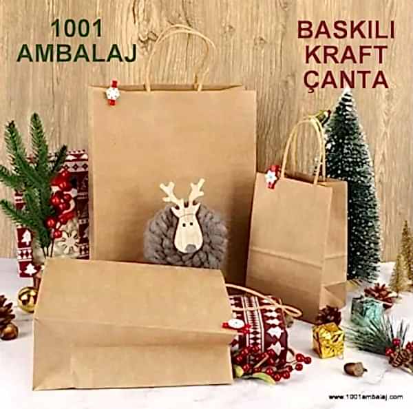 1 Renk Baskılı 19X8X24 Cm 100 Gr Kraft kağıt Çanta Kahve Renk
