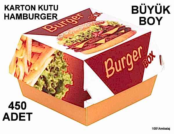 Hamburger Kutusu Karton Fast Food Büyük Boy Hamburger Baskılı 1 Koli 450 Adet 1001 Ambalaj