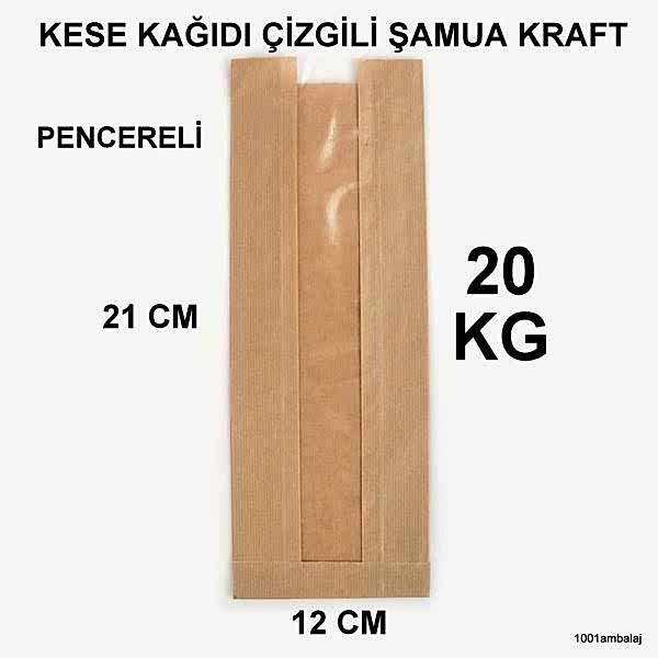 Kese Kağıdı Çizgili Baskısız Şamua Kraft Pencereli 12X21 1 Koli 20 Kilo