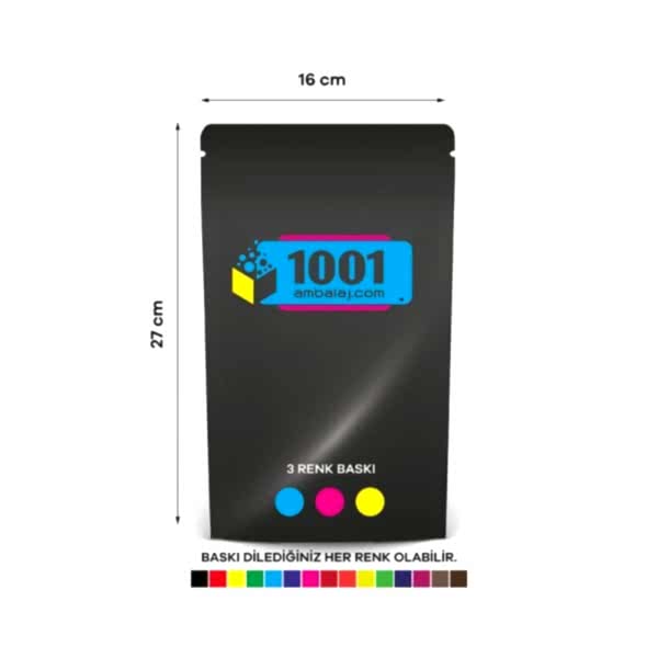 16X27 Cm 3 Baskılı Siyah Renkli Tek Taraf Üç Renk Doypack Torba 500 Gr /64/