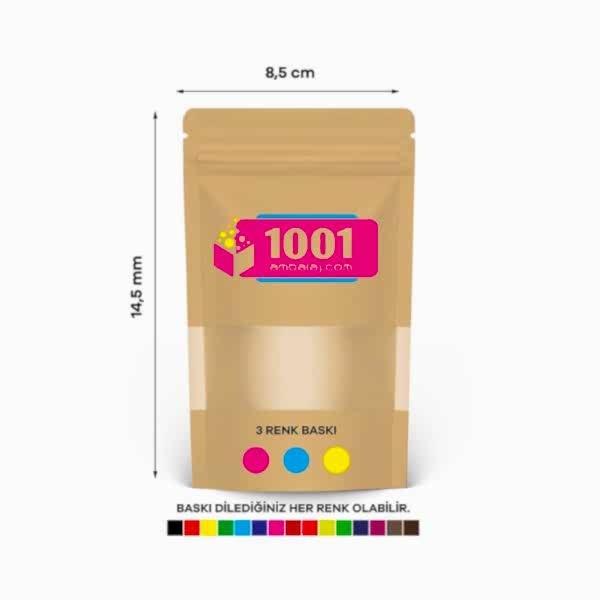 8,5X14,5 Cm 3 Baskılı Kraft Renkli Pencereli Tek Taraf Üç Renk Doypack Torba 50 Gr /37/
