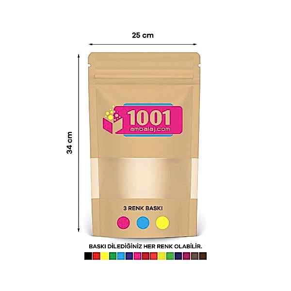 25X34 Cm 3 Baskılı Kraft Renkli Pencereli Tek Taraf Üç Renk Doypack Torba 1500 Gr /43/
