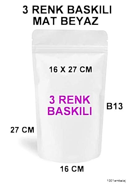 16X27 Cm 3 Baskılı Mat Beyaz Renkli Tek Taraf Üç Renk Doypack Torba 500 Gr /18/