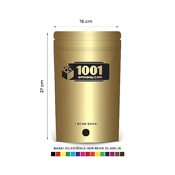16X27 Cm 1 Baskılı Gold ( Altın ) Renkli Tek Taraf Tek Renk Doypack Torba 500 Gr /23/
