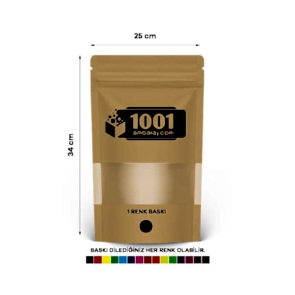 25X34 Cm 1 Baskılı Kraft Renkli Pencereli Tek Taraf Tek Renk Doypack Torba 1500 Gr /43/