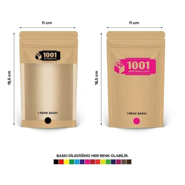 11X18,5 Cm 2 Baskılı Kraft Renkli Geniş Pencereli İki Taraf Tek Renk Doypack Torba 100 Gr /44/