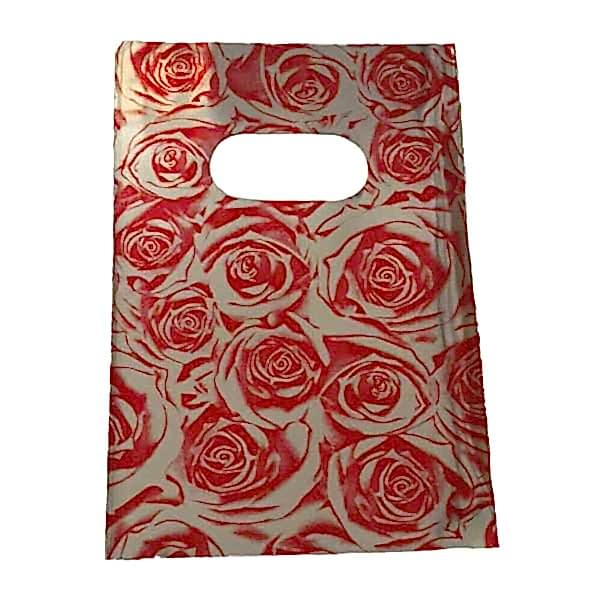 Hediyelik Mini Poşet 10X15 Cm Metalik Gül Desenlii 50 Adet