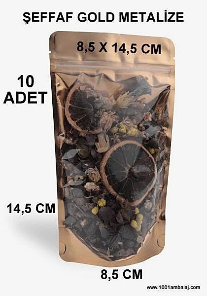 8,5X14,5 Cm Ön Şeffaf Arka Gold Metalize Renk ** 10 Adet ** Kilitli Doypack Torba 50 Gr /48/