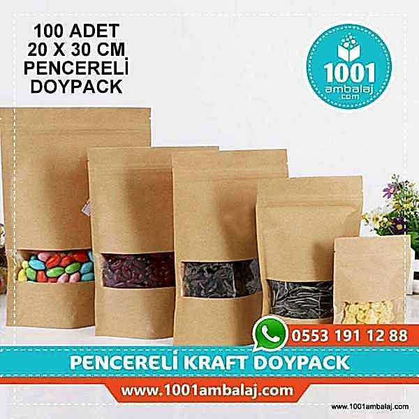20X30 Cm Kraft Pencereli 100 Adet Kilitli Doypack Torba 1000 Gr /42/