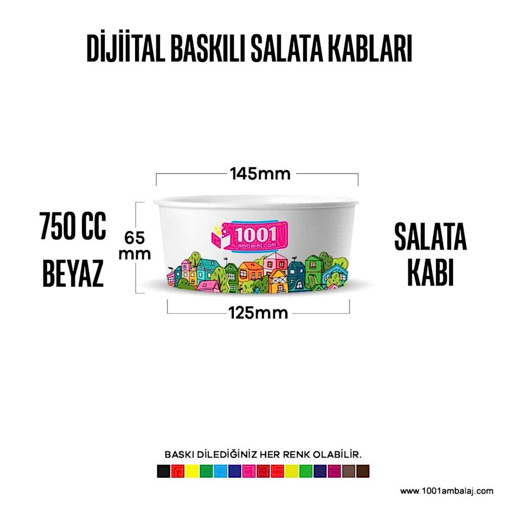 Dijital Baskılı 750 Cc Karton Salata kabı Beyaz