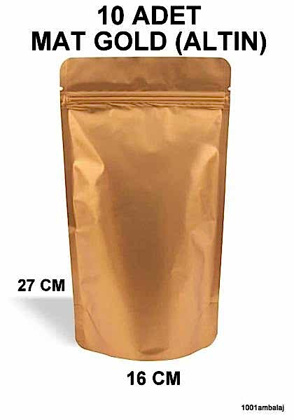 16X27 Cm Mat Gold (Altın Renkli) ** 10 Adet ** Kilitli Doypack Torba 500 Gr /27/