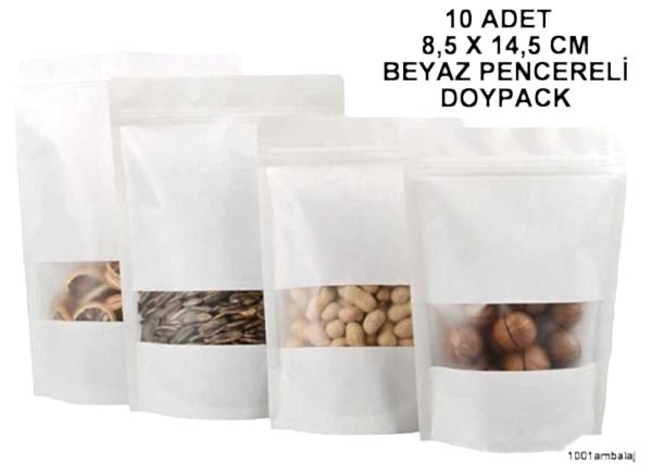 8,5X14,5 Cm Beyaz Renk Pencereli ** 10 Adet ** Kilitli Doypack Torba 50 Gr /08/
