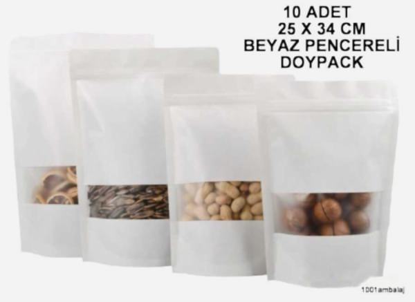 25X34 Cm Beyaz Renk Pencereli ** 10 Adet ** Kilitli Doypack Torba 1500 Gr /14/