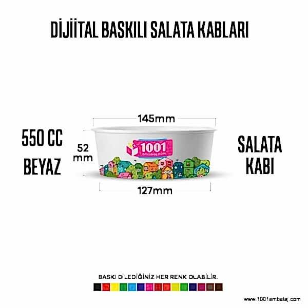 Dijital Baskılı 550 Cc Karton Salata kabı Beyaz