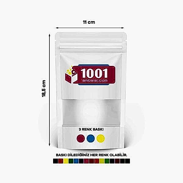 11X18,5 Cm 3 Baskılı Beyaz Renkli Pencereli Tek Taraf Üç Renk Doypack Torba 100 Gr /09/