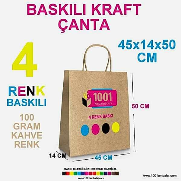 4 Renk Baskılı 45X14X50 Cm 100 Gr Kraft kağıt Çanta Kahve Renk