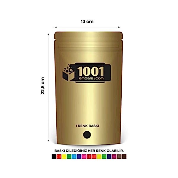 13X22,5 Cm 1 Baskılı Gold ( Altın ) Renkli Tek Taraf Tek Renk Doypack Torba 250 Gr /22/