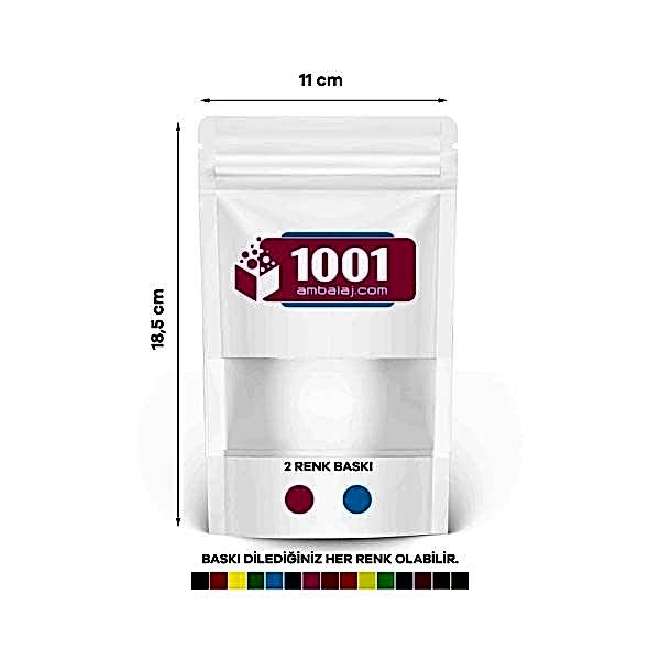 11X18,5 Cm 2 Baskılı Beyaz Renkli Pencereli Tek Taraf İki Renk Doypack Torba 100 Gr /09/