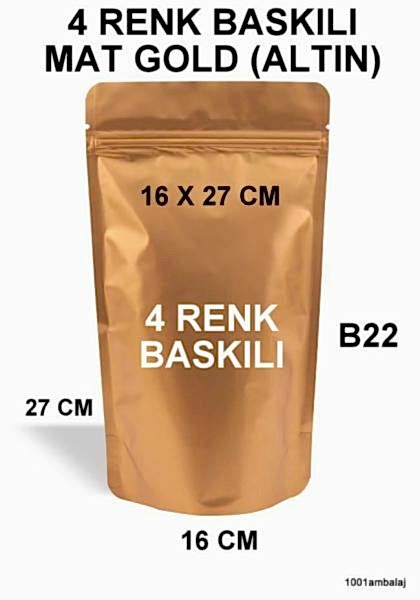 16X27 Cm 4 Baskılı Mat Gold ( Altın Renkli ) İki Taraf İki Renk Doypack Torba 500 Gr /27/