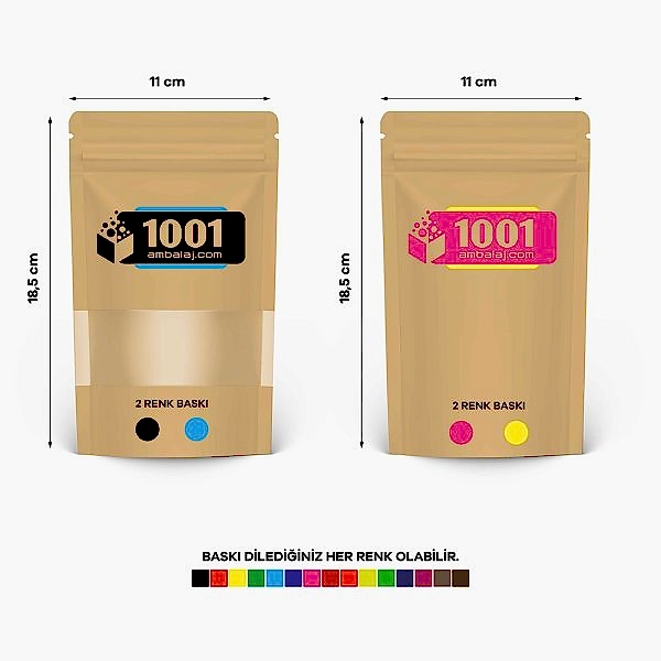 11X18,5 Cm 4 Baskılı Kraft Renkli Pencereli İki Taraf İki Renk Doypack Torba 100 Gr /38/