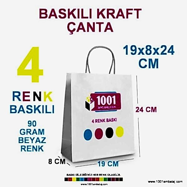 4 Renk Baskılı 19X8X24 Cm 90 Gr Kraft kağıt Çanta Beyaz Renk