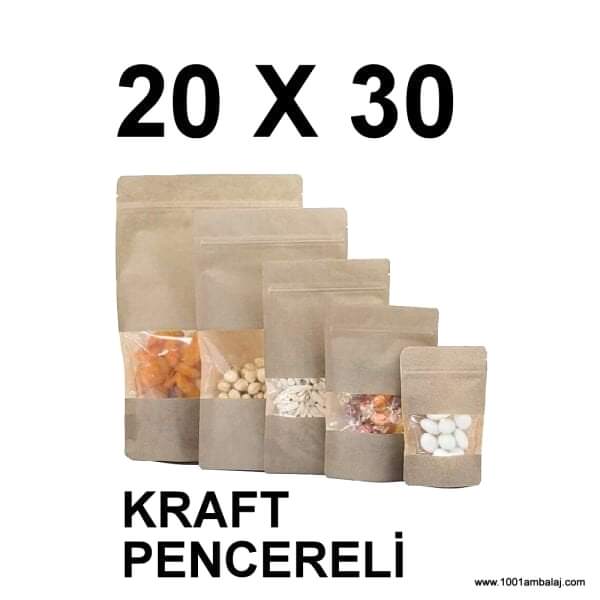 20X30 Cm Kraft Renk Doypack Torba Pencereli /42/