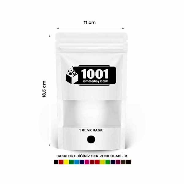 11X18,5 Cm 1 Baskılı Beyaz Renkli Pencereli Tek Taraf Tek Renk Doypack Torba 100 Gr /09/