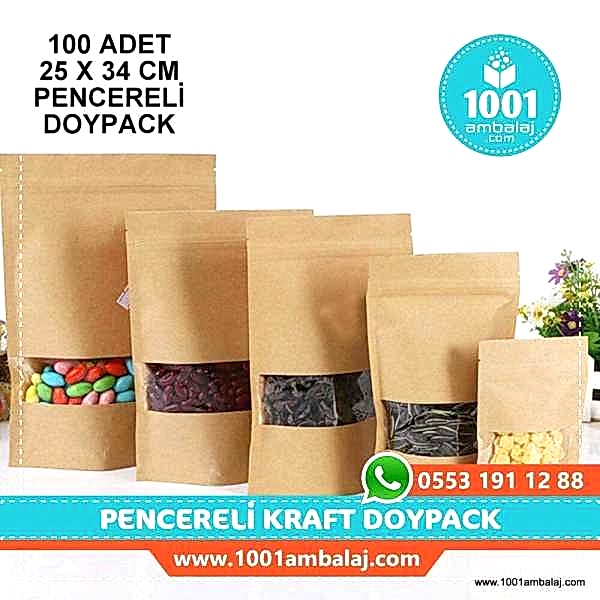 25X34 Cm Kraft Pencereli 100 Adet Kilitli Doypack Torba 1500 Gr /43/