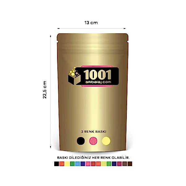 13X22,5 Cm 3 Baskılı Gold ( Altın ) Renkli Tek Taraf Üç Renk Doypack Torba 250 Gr /22/