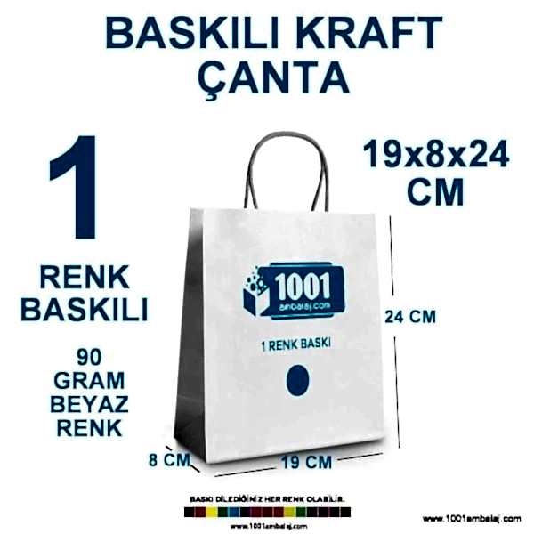 1 Renk Baskılı 19X8X24 Cm 90 Gr Kraft kağıt Çanta Beyaz Renk
